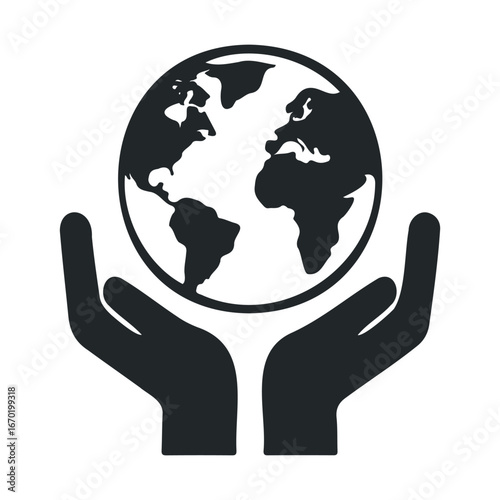 Black and white illustration of hands holding the earth symbol