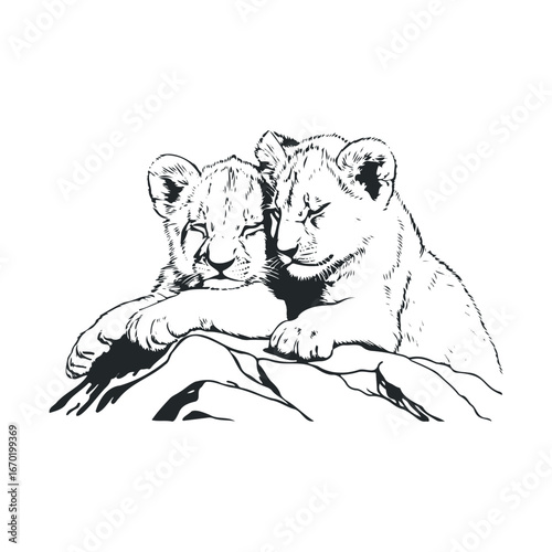 Adorable lion cubs cuddling together on a rock in black and white