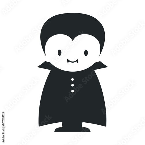 Cute cartoon vampire in black cape with fangs