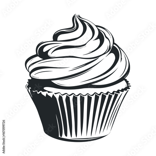 Monochrome cupcake illustration with swirled frosting and striped wrapper on white background