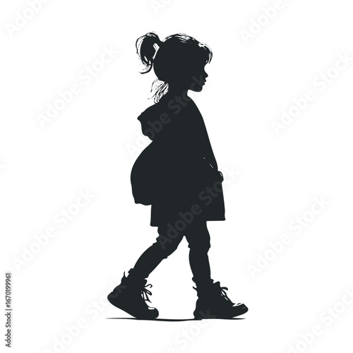Silhouette of young caucasian female child walking in profile