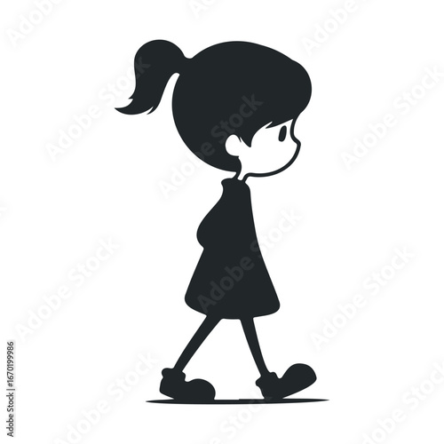 Silhouette of cartoon girl walking sideways in profile view
