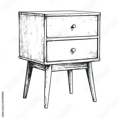Vintage wooden nightstand with two drawers and tapered legs in black and white sketch