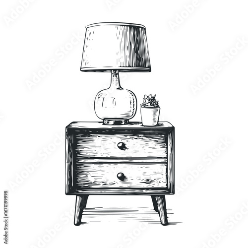 Vintage-inspired nightstand with lamp and succulent drawing
