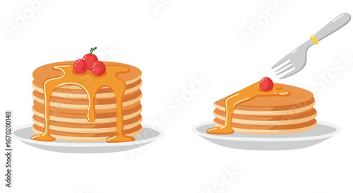 Two plates of delicious pancakes topped with syrup and berries, one with a fork about to take a bite.