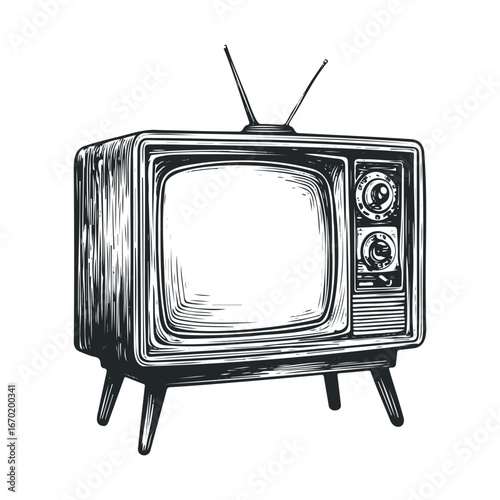 Vintage television with antennas and wooden legs illustration