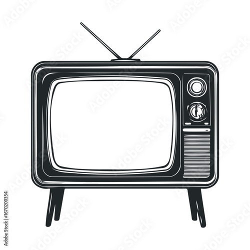 Vintage black and white retro television with antenna and dials on stand