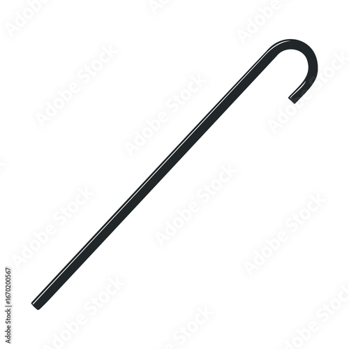 Elegant black walking cane with curved handle on white background