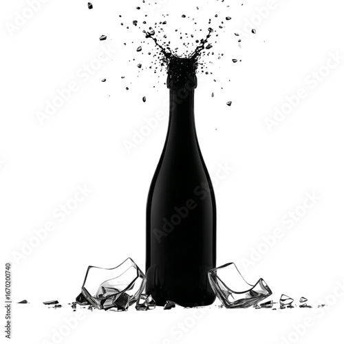 Dramatic champagne bottle explosion with broken glass, celebrating a special moment