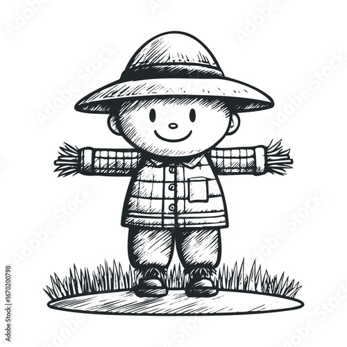 Illustration of cute scarecrow with straw hat in grass field