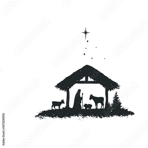Nativity scene silhouette with star and animals under stable