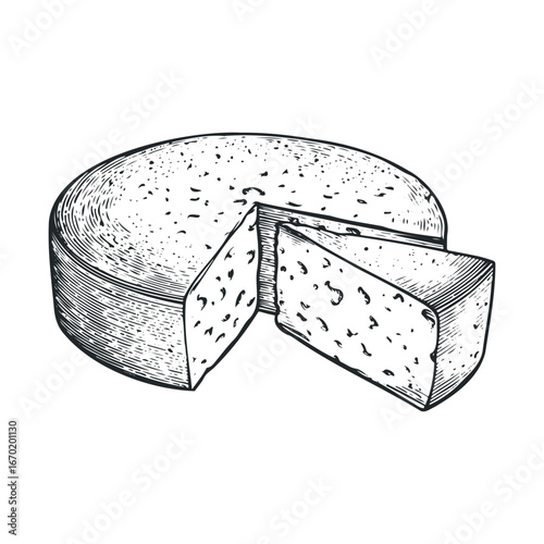Hand-drawn cheese wheel with sliced wedge in detailed black and white illustration