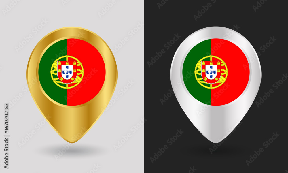 Obraz premium Gold and Silver Portugal Flag Map Pin Icon