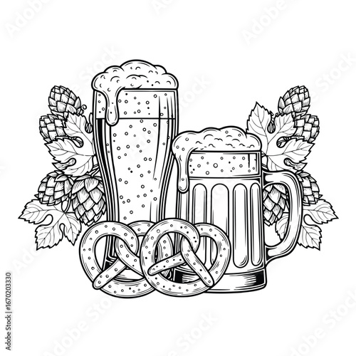 Oktoberfest Celebration Beer Glasses, Pretzels, and Hops Illustration