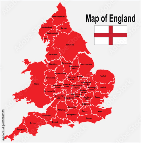 Detailed England Map with Counties and Major Cities, Modern Vector Map of England Editable Outline, Vintage Style England Map with Grunge Texture. 