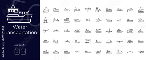 Water Transportation Line Editable Icons set. Vector illustration in modern thin line style of water transportation icons: transportation, sailboat, submarine, etc