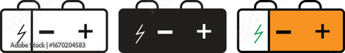 Car battery icon with positive and negative terminals representing automotive power supply, energy storage and electricity source with transparent background