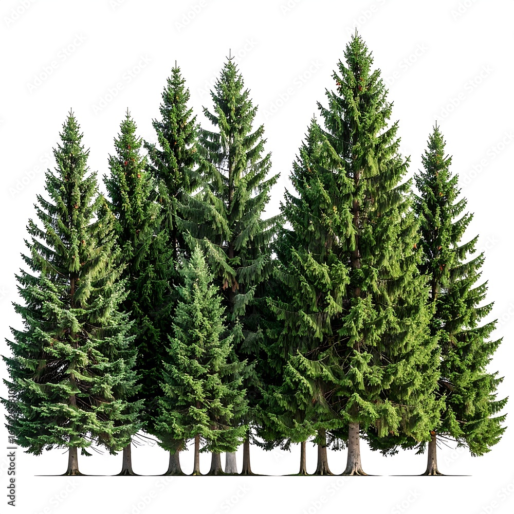 Fototapeta premium Group of evergreen trees against white background