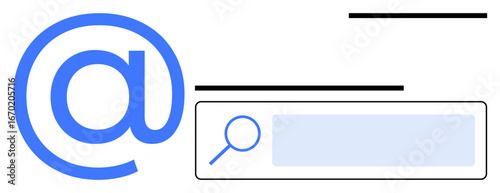 Email search concept with large at symbol and search bar featuring a magnifying glass. Ideal for communication, internet, technology, email, search, navigation, and simple landing page