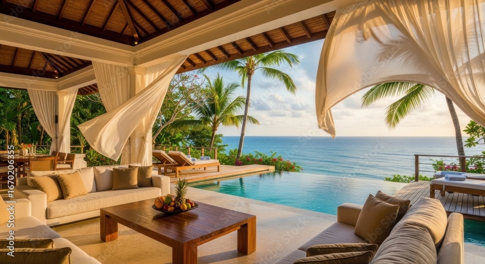 Fototapeta premium Opulent beachfront villa boasts infinity pool & ocean view, draped in sheer curtains