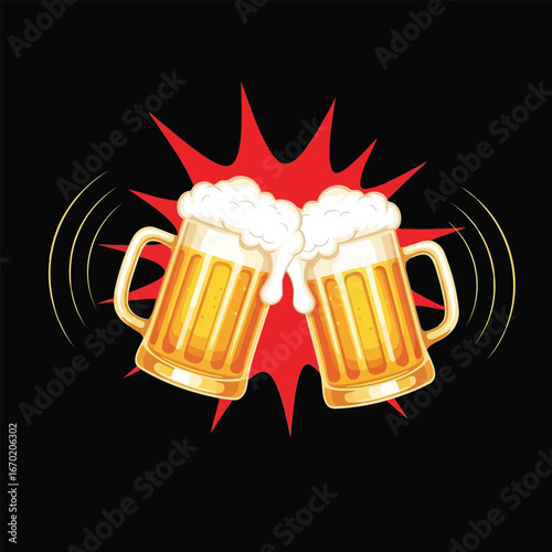 Cheers to the perfect pint Two mugs of frothy beer clinking in celebration on a black backdrop