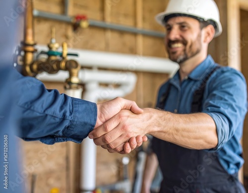 Agreement Sealed Smiling Contractor Shakes Hands in Utility Room.