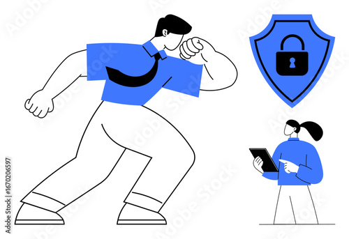 Confident man flexing near shield with lock icon, professional woman using tablet. Ideal for data security, teamwork, privacy, protection, empowerment, corporate identity, simple landing page