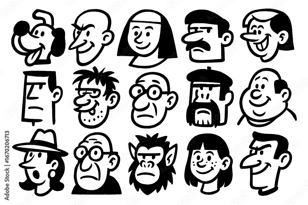 Fototapeta premium Cartoon character faces collection with quirky expressions and playful doodle style, Transparent Background