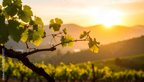 Vineyard at Sunset: Golden Hour Light on Grapevines