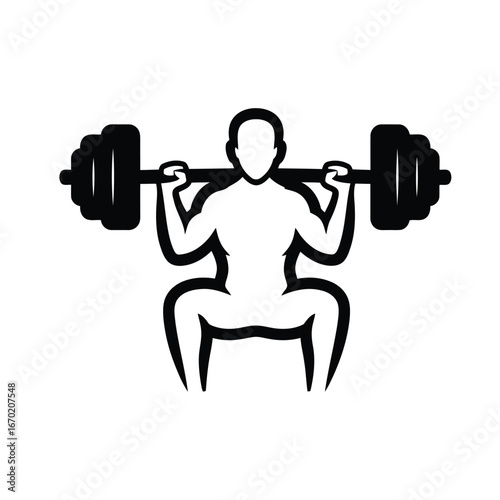 A simplified black and white illustration of a person performing a barbell squat, emphasizing strength training and fitness