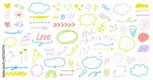 手描きの装飾セット。ふきだし、矢印、　星、ハート、下線。ペンで描いた感情のアイコン。かわいい線画。