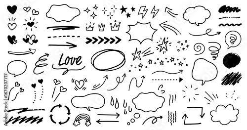 手描きの装飾セット。ふきだし、矢印、　星、ハート、下線。ペンで描いた感情のアイコン。かわいい線画。