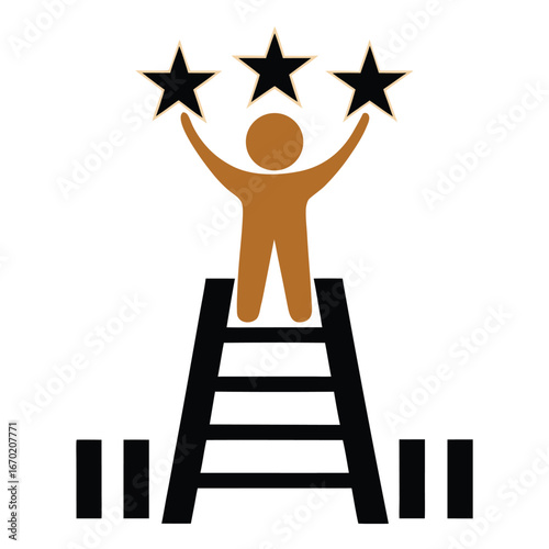 Person standing on ladder holding three stars with black bars at the bottom success achievement