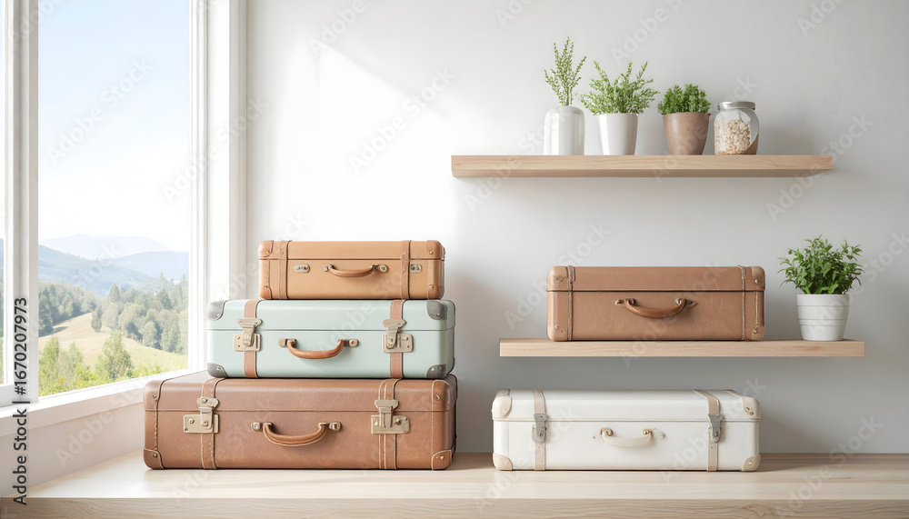 Fototapeta premium Vintage Suitcases on Wooden Shelves Near a Window with a View