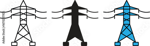 Electricity transmission tower icon representing high voltage power line, energy distribution and electrical grid system with transparent background