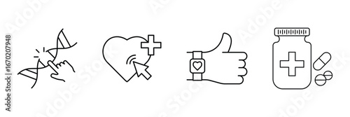 Genetic health, heart monitoring, wearable device, digital medicine icon vector illustration for biotechnology, fitness tracking and pharmaceutical innovation.