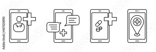 Telemedicine healthcare, mobile consultation, digital prescription, medical location icon vector illustration for virtual doctor, health support and online service.