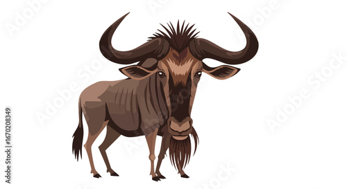 A detailed illustration of a wildebeest with large curved horns and a shaggy mane, standing on a white background.