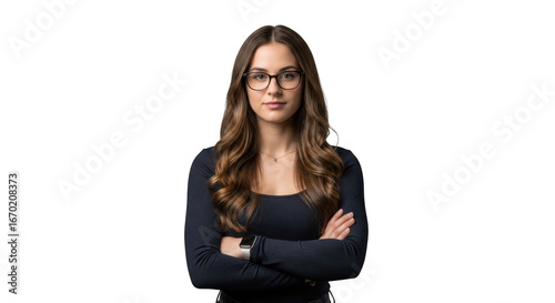 Confident woman with glasses isolated on transparent background