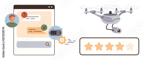 Drone flying with camera, chat interface with user feedback and question, rating bar showing stars, gear icon for efficiency. Ideal for technology, feedback systems, user support, automation