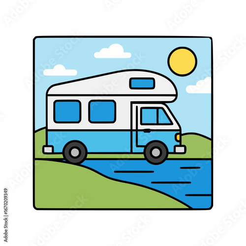 Flat design motorhome vehicle traveling through countryside landscape with river, grassy hills, bright sunshine and clear blue sky