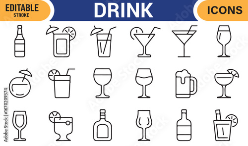 Simple Drink Icons Set Featuring Cocktails, Wine, and Soft Drinks