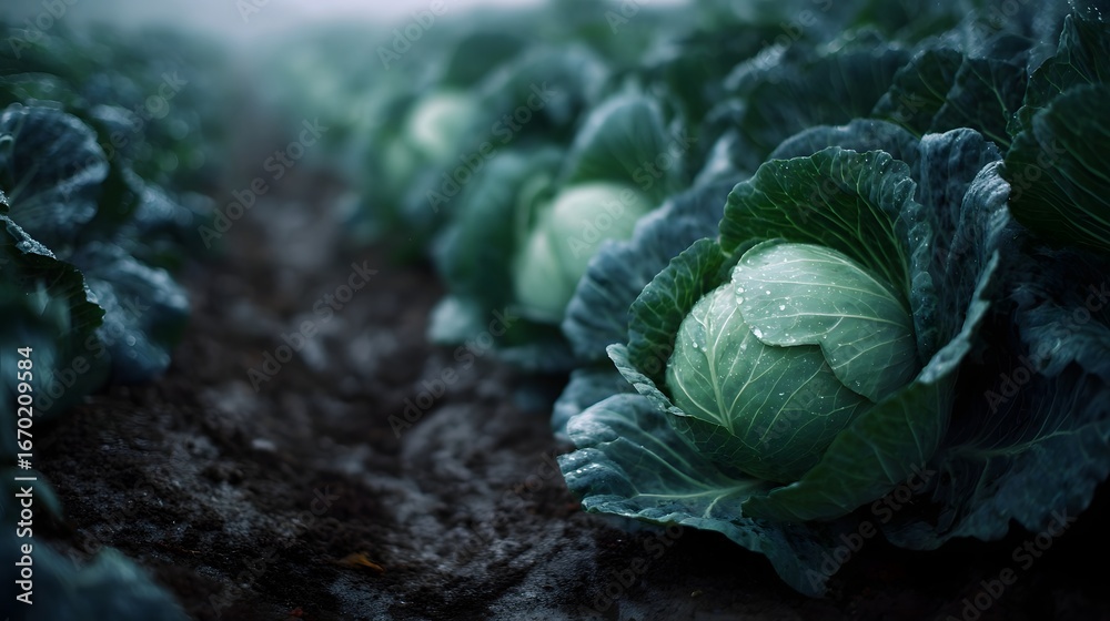 Obraz premium Rows of fresh green cabbages growing in a farm field