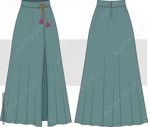 Flared Maxi Skirt Tassel Drawstring Detailed, Boho Ethnic Style Skirt Fashion Flat Sketch, Illustration. Front and back view, vector. CAD, Mockup.