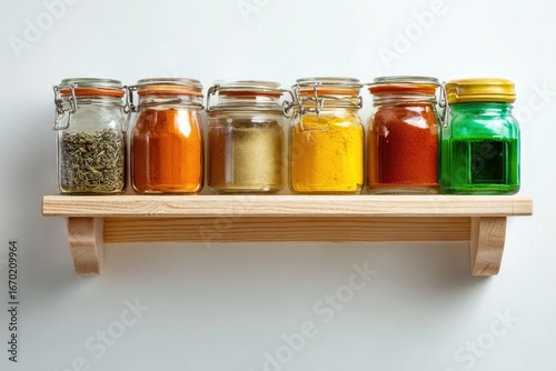 Fototapeta Naklejka Na Ścianę i Meble -  Wooden shelf with spice jars of varying colors