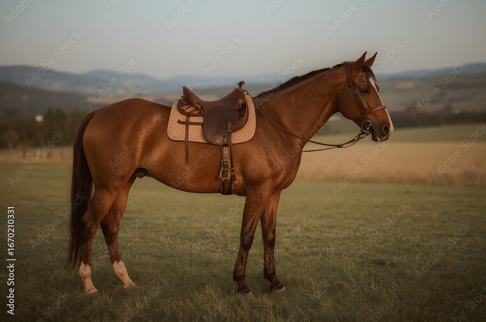 Obraz premium “Majestic Brown Horse with Leather Saddle in Golden Meadow at Sunset”