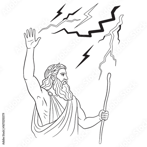 Thunderous Zeus Line Art – Zeus Vector Illustration with Lightning God Symbol – Zeus Drawing – Line Art Drawing of Zeus – Zeus Icon – Greek God Vector