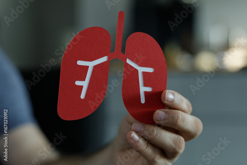 Red paper lungs model held ...