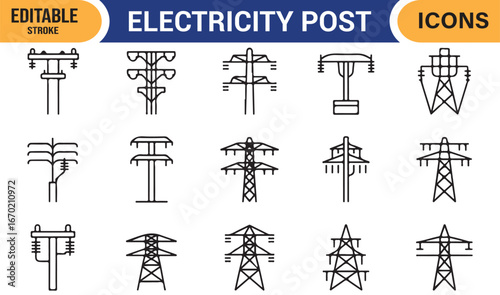 Set of high-voltage electric tower and post icons designed for energy, utility, and power infrastructure systems.