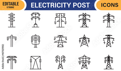 Vector power pole and tower icons, customizable for electric utility, energy transmission, and grid system designs.